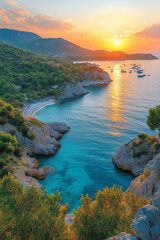 Photo r&eacute;aliste d&rsquo;un archipel pittoresque au coucher du soleil