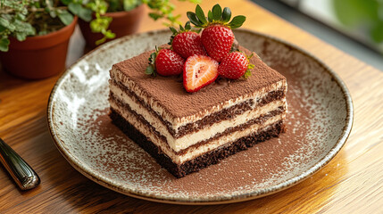 Chocolate tiramisu cake with strawberry on plate. brown and white traditional sweet delicious italian dessert, confectionery bakery recipe, tasty homemade sugar pastry, table, yummy, portion, eat.