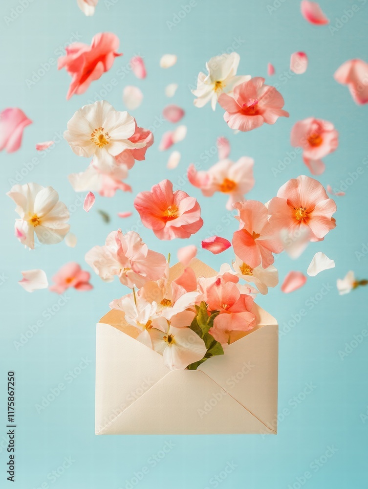 Poster colorful flowers burst from an envelope against a blue background, creating a joyful and whimsical a