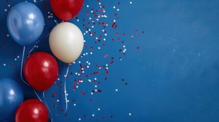 National Give a Bunch of Balloons Month Festive red white and blue balloons with confetti on blue background for celebrations and events