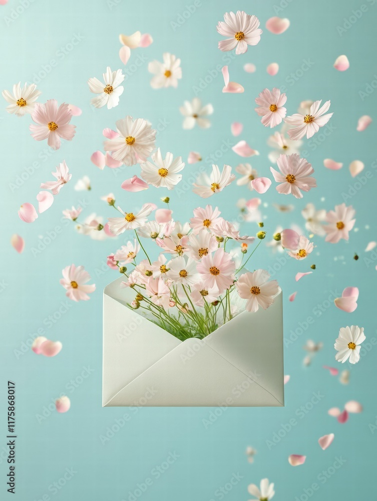 Poster Colorful flowers emerge from an open envelope creating a cheerful and whimsical display against a blue background. Generative AI