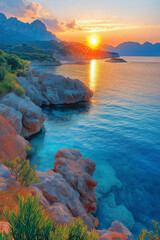 Photo r&eacute;aliste d&rsquo;un archipel pittoresque au coucher du soleil