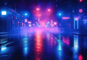  A street at night with neon lights and fog, a cyberpunk city. An empty asphalt road with glowing light in the middle