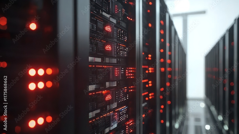 Poster illuminated data center: servers and cloud technology