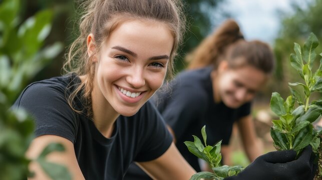 Student Volunteering Week Joyful young women gardening in lush greenery - Powered by Adobe
