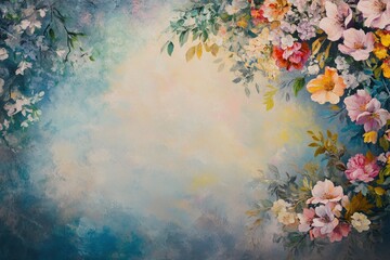 Floral backdrop with pastel flowers and blue background.