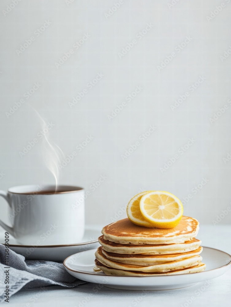 Poster Delicious stack of fluffy pancakes topped with lemon slices next to a steaming cup of coffee. Generative AI