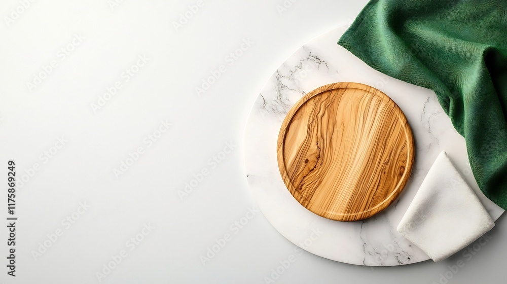 Poster overhead view of a marble surface highlighting a wooden board and soft fabric napkin creating a mini