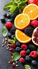   Fruits and vegetables displayed on a black countertop next to berries, oranges, raspberries, and mint