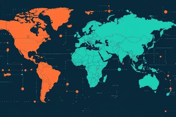 Fototapeta premium A visually striking world map, with North and South America in orange and the rest of the world in teal, set against a dark background.