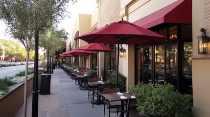 Fototapeta premium Outdoor dining area with red umbrellas at a street side cafe
