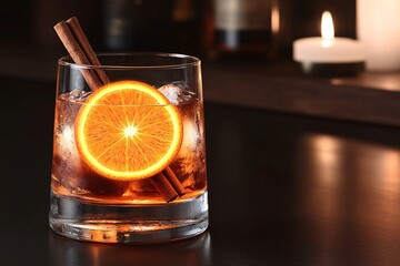 Crafting the perfect cocktail with orange and cinnamon cozy bar setting beverage photography nighttime ambiance