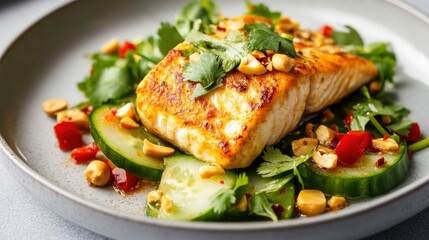 Grilled salmon salad with fresh herbs, peanuts, and crisp vegetables