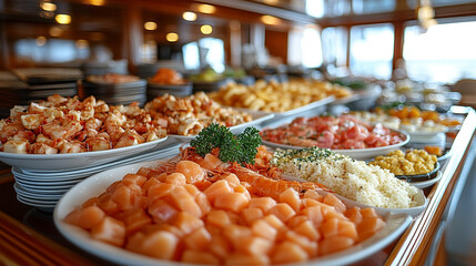 A wide-angle view on a sunny summer morning captures a vibrant vacation brunch spread on a hotel suite's private terrace featuring an array of delicious dishes that exude luxury and indulgence

