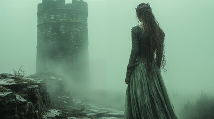 Fototapeta premium Medieval princess gazing at ancient tower in misty landscape, dark fantasy atmosphere