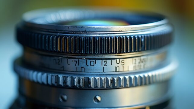 Close-up of vintage camera lens showing aperture and focus rings.