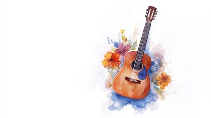 Get Out Your Guitar Day Acoustic guitar with floral background in watercolor art style