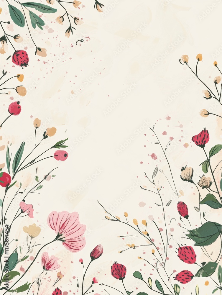 Poster colorful hand drawn doodle featuring various flowers and plants set against a light background in a 
