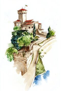 Liberation Day San Marino Historic castle landscape with tower and trees illustrated in watercolor