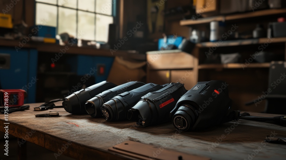 Poster high-tech tools on a wooden workbench in professional workshop setting, featuring advanced equipment