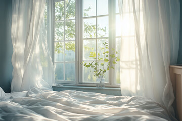Fototapeta premium A bright, airy bedroom with large windows, light curtains, and soft natural light streaming in