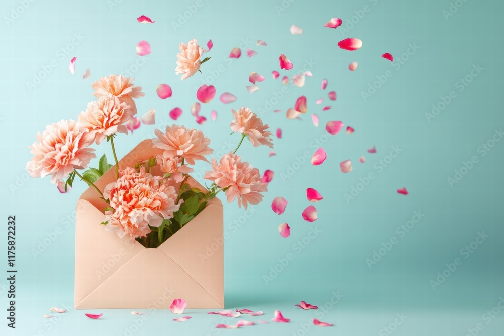 Poster floral arrangement in an envelope with petals floating in soft blue background during a spring celeb