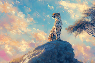 A cheetah poised on a rock, scanning the horizon for prey against a backdrop of tall acacia trees