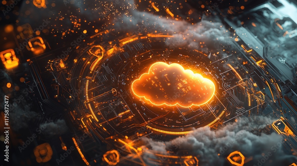 Poster futuristic cloud computing network: digital server infrastructure