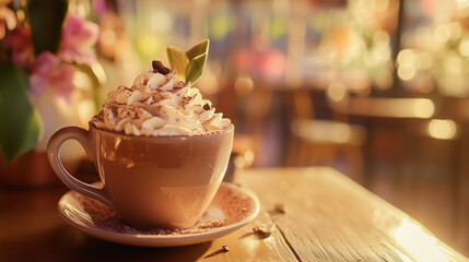A cozy cafe serving hot chocolate topped with whipped cream