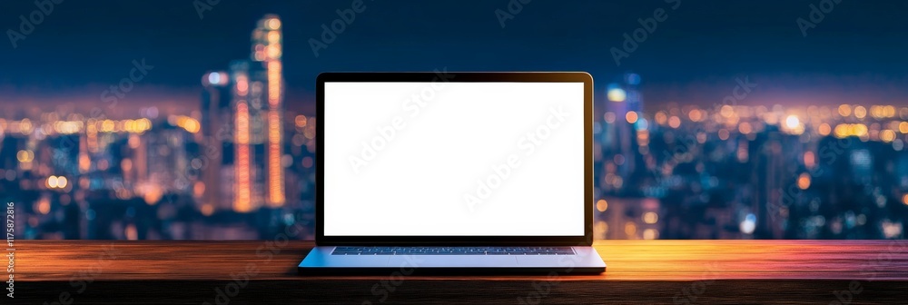 Poster Open laptop computer displaying a blank white screen is placed on a wooden table against the backdrop of a blurred night cityscape, offering a versatile mockup for design and advertising purposes