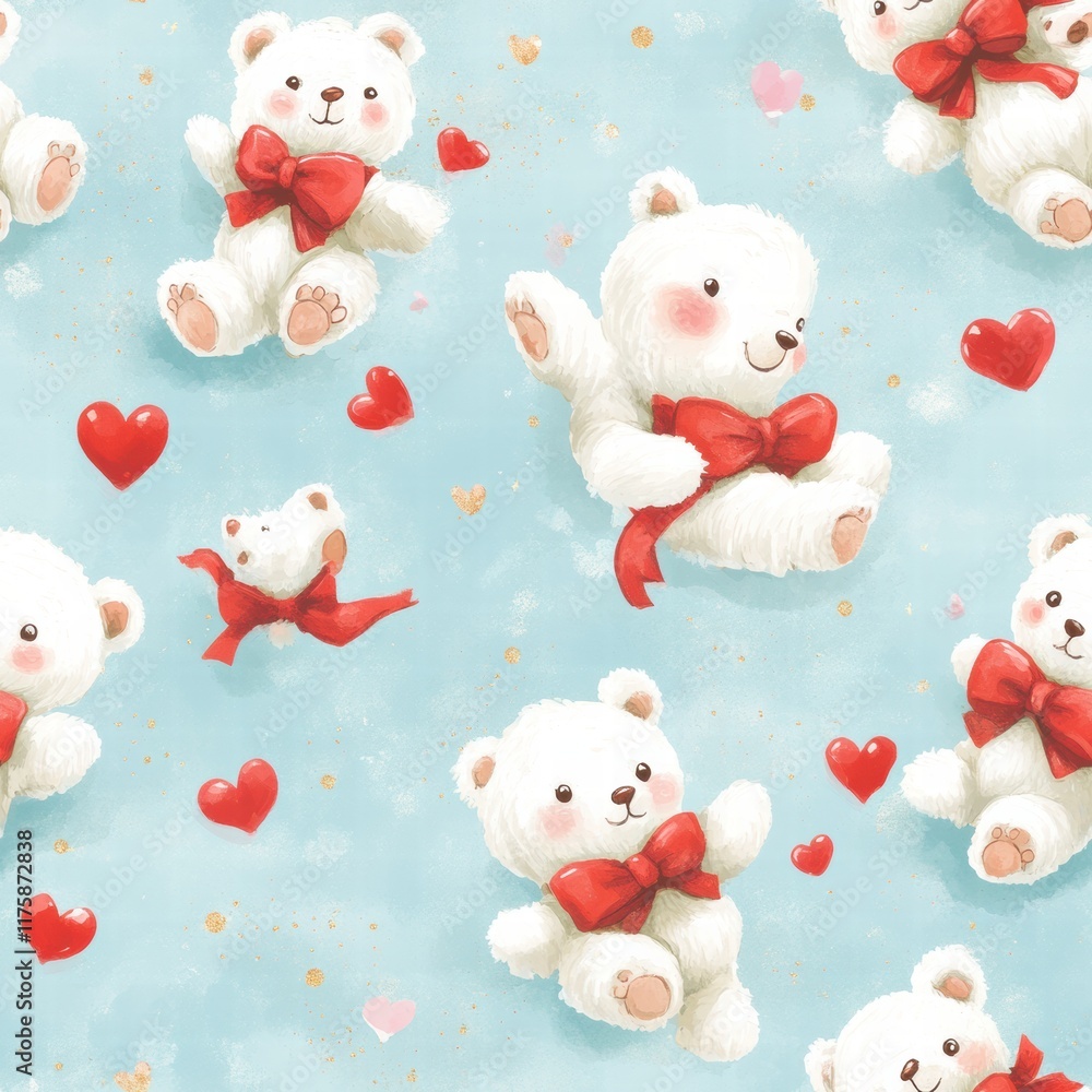 Aufkleber Cute teddy bears with red bows and hearts on light blue background create a joyful and playful pattern for all occasions. Generative AI