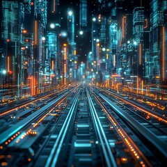 Obraz premium cyberpunk urban landscape with neon train tracks night