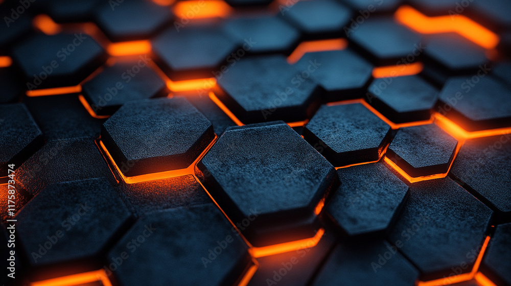 Poster a futuristic abstract background featuring black blue and orange glowing hexagons in a 3d rendering 