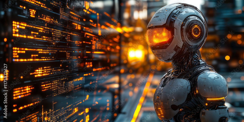 Poster futuristic ai robot in tech development environment with digital interface