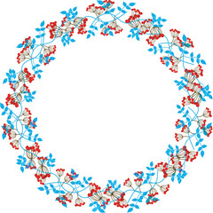Round wreath of bunches with red berries and blue leaves on isolated background