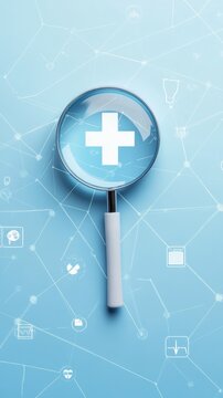 Focusing a magnifying glass on a white cross symbol against a light blue background, surrounded by interconnected medical icons, representing healthcare innovation and solutions