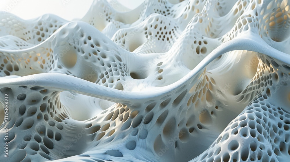 Poster abstract white porous landscape: a 3d render of an otherworldly terrain with intricate holes and flo