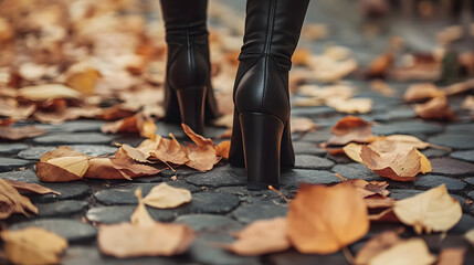 Black ankle boots walk over a cobblestone path scattered with autumn leaves, capturing the essence of fall and seasonal change in a stylish urban setting