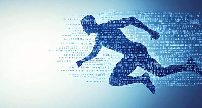 Digital man running fast, binary code background.