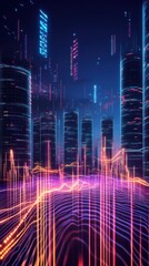 Fototapeta premium Futuristic Urban Landscape with Neon Lights and Dynamic Data Flow, Showcasing a Digital Cityscape at Night in Vibrant Colors and Textures