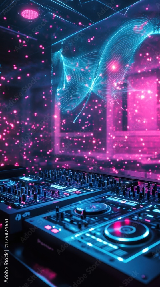 Poster futuristic dj setup with colorful lights and digital waves creating a vibrant atmosphere for music a