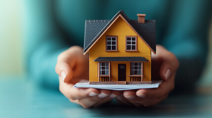 Yellow miniature house model held in caring hands, representing real estate protection concept