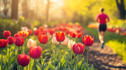 A runner jogs through a vibrant tulip field, surrounded by colorful flowers in full bloom under warm sunlight capturing a sense of freedom and joy