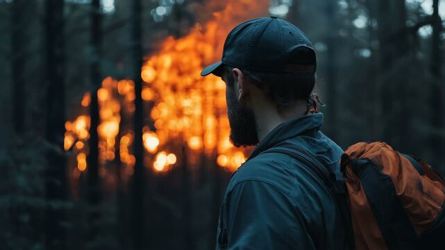 Incredible male survivor observes burning forest. A powerful scene about resilience, unyielding strength and courage