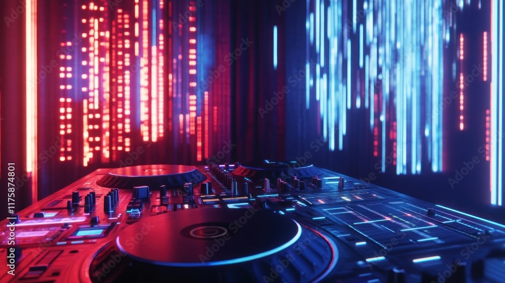 Poster captivating dj setup with turntables and neon lights in a nightclub atmosphere, showcasing pulsating