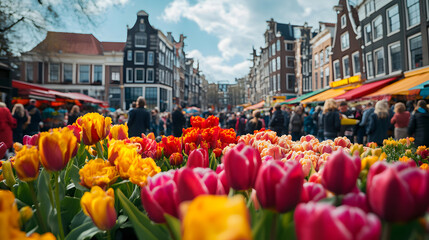 Vibrant tulips in bright shades of pink, yellow, and red bloom in a lively outdoor flower market bustling with diverse people enjoying the atmosphere