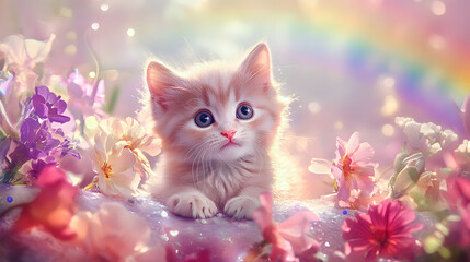 A whimsical pink kitten with fluffy fur and blue eyes surrounded by vibrant flowers and a soft rainbow background creates a dreamy and playful atmosphere