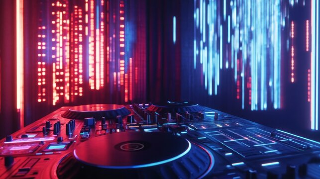 Captivating DJ Setup with Turntables and Neon Lights in a Nightclub Atmosphere, Showcasing Pulsating Colors and Dynamic Visuals for an Energizing Experience
