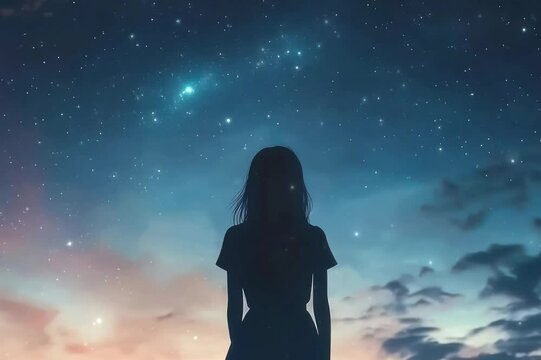 A silhouette of a girl looks at the starlit sky, immersed in the wonder and vastness of the universe.