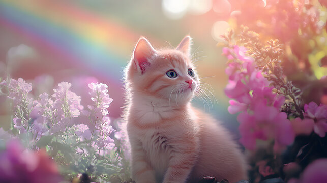 A whimsical pink kitten sits among colorful flowers, gazing curiously with captivating blue eyes, illuminated by soft, dreamy light and a gentle rainbow in the background